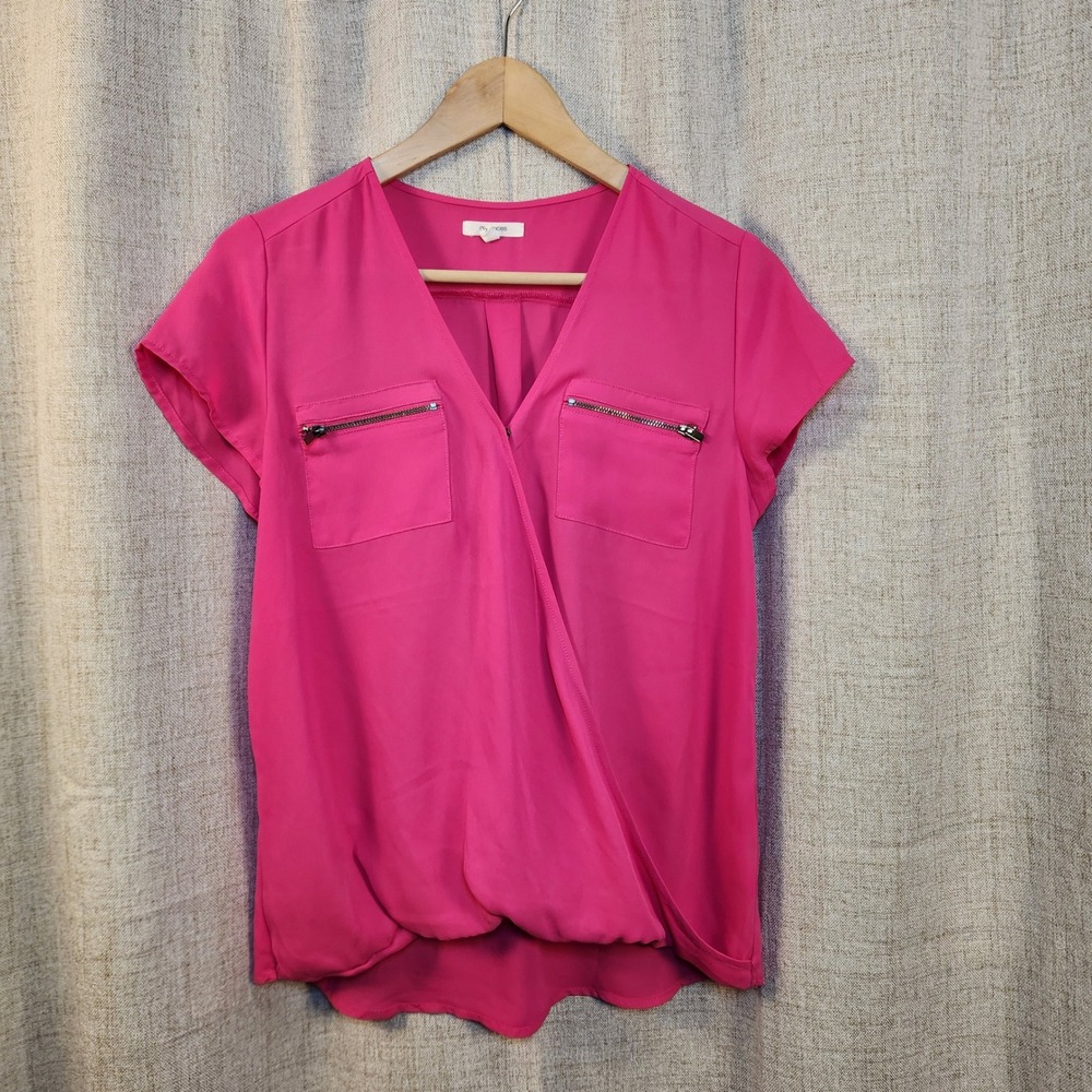 Maurices Lightweight Sheer Blouse Womens S Pink Zipper Pockets V-Neck Wrap Front